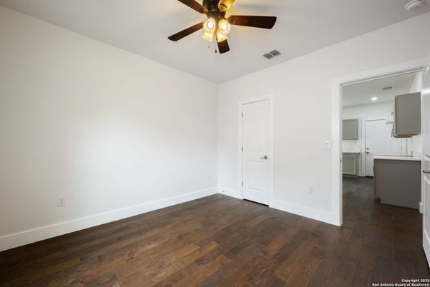 Empty room, Interior, Kitchen, Recessed Lighting, Wood Texture Flooring