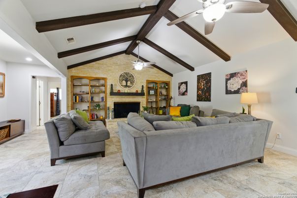 Fireplace, Interior, Living room, Recessed Lighting, Stone Walls, Wooden Beams