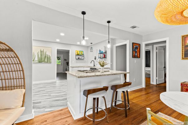 Interior, Kitchen, Pendant Lights, Recessed Lighting, Wood Texture Flooring