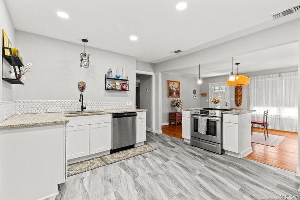 Interior, Kitchen, Pendant Lights, Recessed Lighting, Stainless Steel Appliances, Wood Texture Flooring