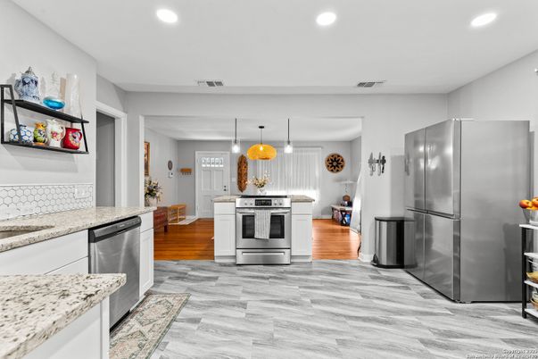 Interior, Kitchen, Pendant Lights, Recessed Lighting, Stainless Steel Appliances, Wood Texture Flooring