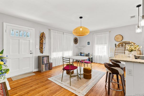 Dining room, Interior, Pendant Lights, Wood Texture Flooring