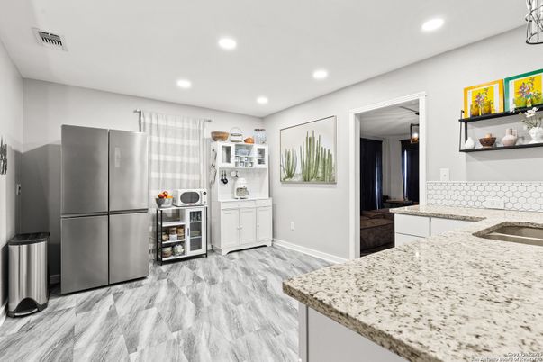 Interior, Kitchen, Recessed Lighting, Stainless Steel Appliances, Wood Texture Flooring