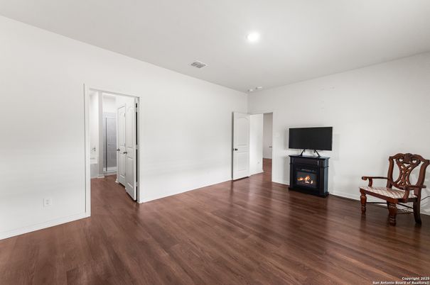 Empty room, Fireplace, Interior, Recessed Lighting, Wood Texture Flooring