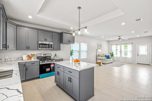 Interior, Kitchen, Living room, Pendant Lights, Recessed Lighting, Stainless Steel Appliances, Wood Texture Flooring