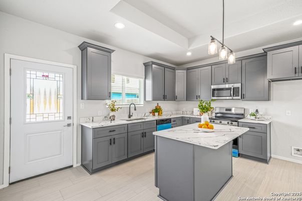 Interior, Kitchen, Pendant Lights, Recessed Lighting, Stainless Steel Appliances, Wood Texture Flooring