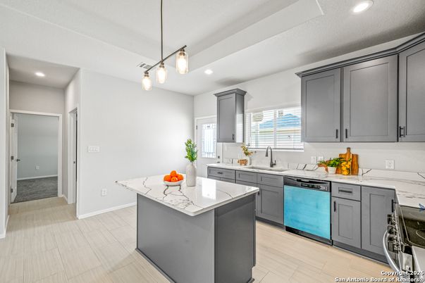 Interior, Kitchen, Pendant Lights, Recessed Lighting, Wood Texture Flooring