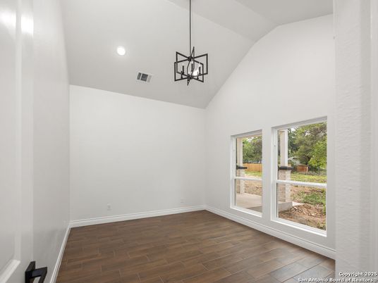 Empty room, Interior, Pendant Lights, Recessed Lighting, Wood Texture Flooring