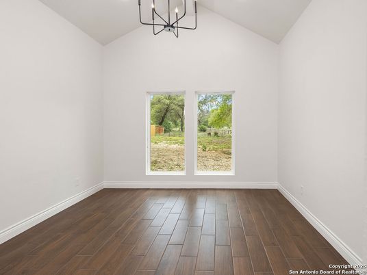 Chandelier, Empty room, Interior, Recessed Lighting, Wood Texture Flooring