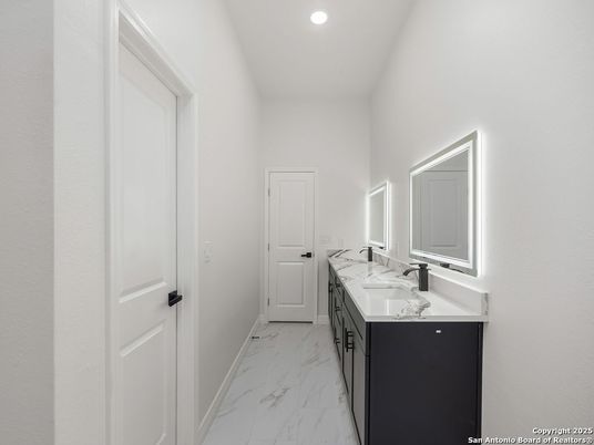 Bathroom, Dual Sink Vanities, Interior, Marble, Recessed Lighting