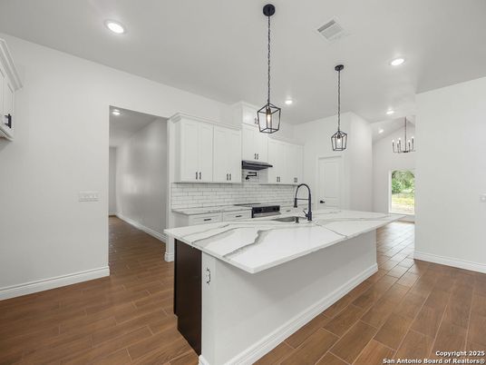 Interior, Kitchen, Pendant Lights, Recessed Lighting, Wood Texture Flooring