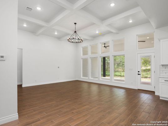 Empty room, Interior, Pendant Lights, Recessed Lighting, Wood Texture Flooring
