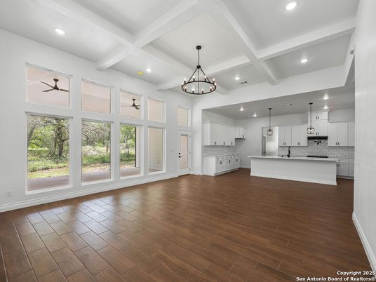 Chandelier, Empty room, Interior, Kitchen, Pendant Lights, Recessed Lighting, Wood Texture Flooring