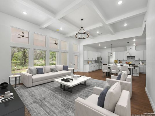 Chandelier, Dining room, Interior, Kitchen, Living room, Pendant Lights, Recessed Lighting, Wood Texture Flooring