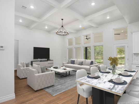 Dining room, Interior, Living room, Pendant Lights, Recessed Lighting, Wood Texture Flooring