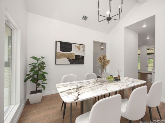 Dining room, Interior, Pendant Lights, Recessed Lighting, Wood Texture Flooring