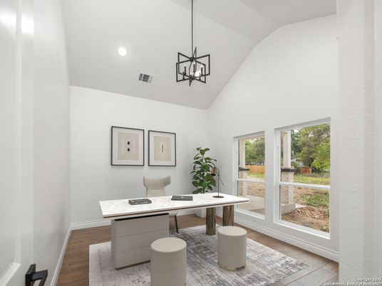 Home Office, Interior, Pendant Lights, Recessed Lighting, Wood Texture Flooring