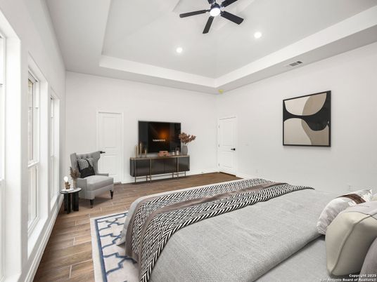 Bedroom, Interior, Recessed Lighting, Wood Texture Flooring