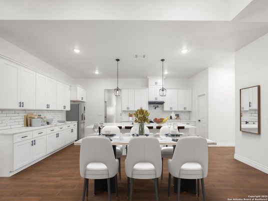 Dining room, Interior, Kitchen, Pendant Lights, Recessed Lighting, Wood Texture Flooring