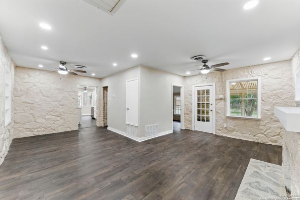 Empty room, Interior, Recessed Lighting, Stone Walls, Wood Texture Flooring