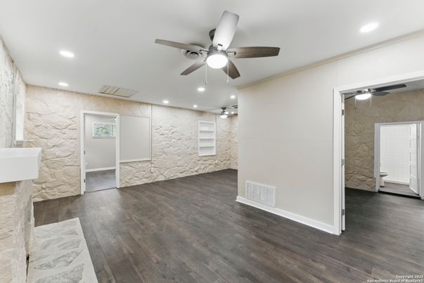 Empty room, Interior, Recessed Lighting, Stone Walls, Wood Texture Flooring