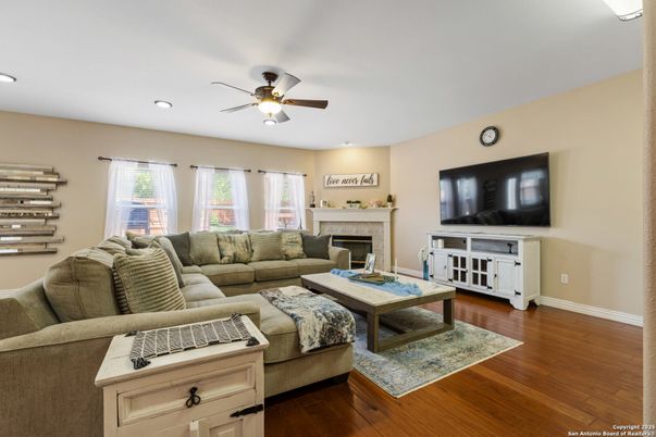 Fireplace, Interior, Living room, Recessed Lighting, Wood Texture Flooring