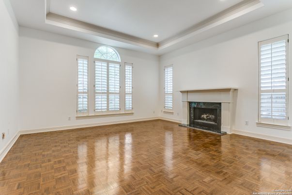 Empty room, Fireplace, Interior, Recessed Lighting, Wood Texture Flooring