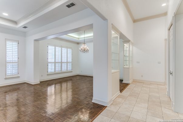 Chandelier, Empty room, Interior, Recessed Lighting, Wood Texture Flooring