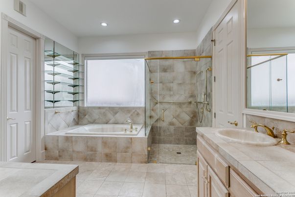 Bathroom, Glass Shower, Interior, Recessed Lighting, Tile Countertops