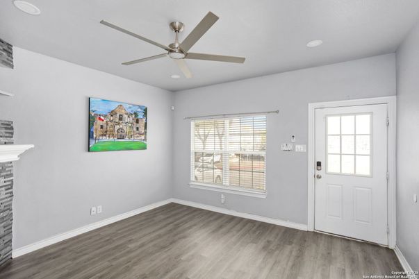 Empty room, Fireplace, Interior, Recessed Lighting, Wood Texture Flooring