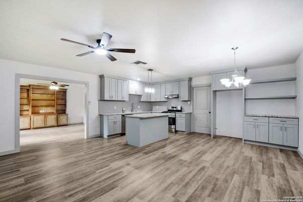 Chandelier, Interior, Kitchen, Pendant Lights, Stainless Steel Appliances, Wood Texture Flooring