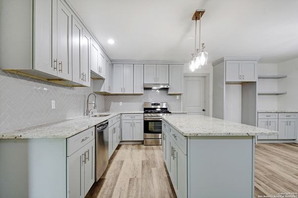 Interior, Kitchen, Pendant Lights, Recessed Lighting, Stainless Steel Appliances, Wood Texture Flooring