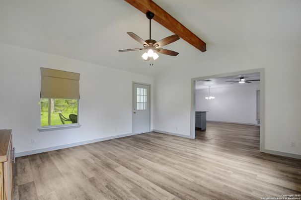 Empty room, Interior, Pendant Lights, Wooden Beams, Wood Texture Flooring