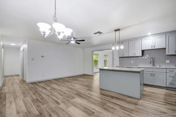 Interior, Kitchen, Pendant Lights, Recessed Lighting, Wood Texture Flooring
