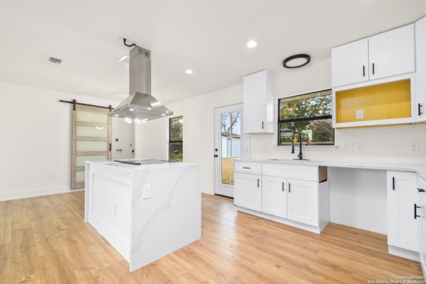 Interior, Kitchen, Recessed Lighting, Wood Texture Flooring