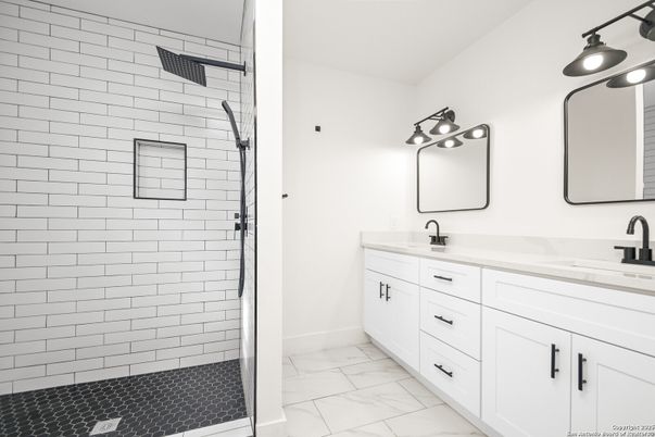 Bathroom, Dual Sink Vanities, Glass Shower, Interior, Marble