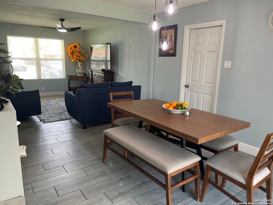 Dining room, Interior, Living room, Pendant Lights, Wood Texture Flooring