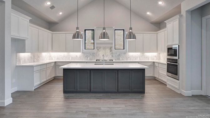 Interior, Kitchen, Pendant Lights, Recessed Lighting, Stainless Steel Appliances, Wood Texture Flooring