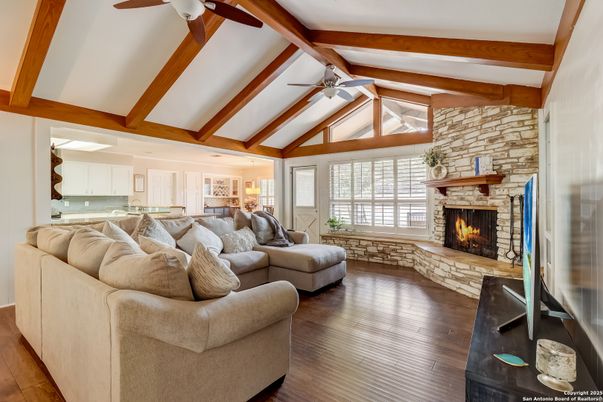 Fireplace, Interior, Kitchen, Living room, Stone Walls, Wooden Beams, Wood Texture Flooring