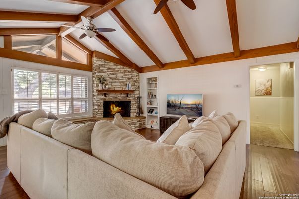 Fireplace, Interior, Living room, Stone Walls, Wooden Beams, Wood Texture Flooring