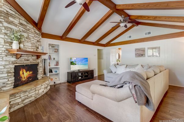 Fireplace, Interior, Living room, Stone Walls, Wooden Beams, Wood Texture Flooring