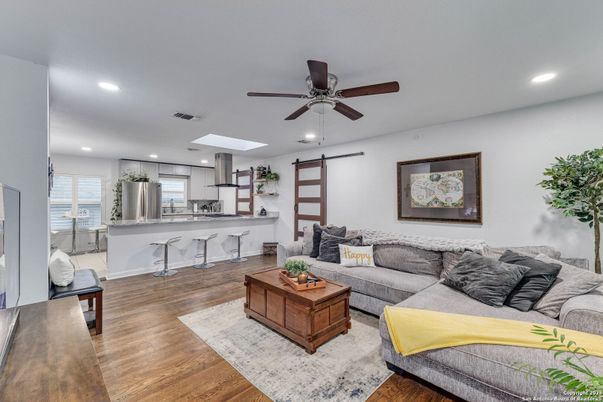Interior, Kitchen, Living room, Recessed Lighting, Stainless Steel Appliances, Wood Texture Flooring