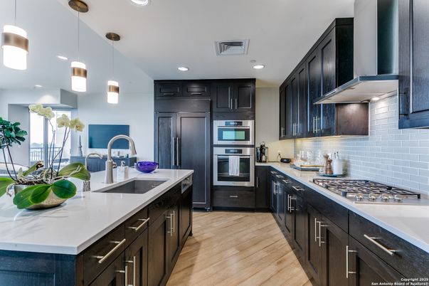 Interior, Kitchen, Pendant Lights, Recessed Lighting, Stainless Steel Appliances, Wood Texture Flooring