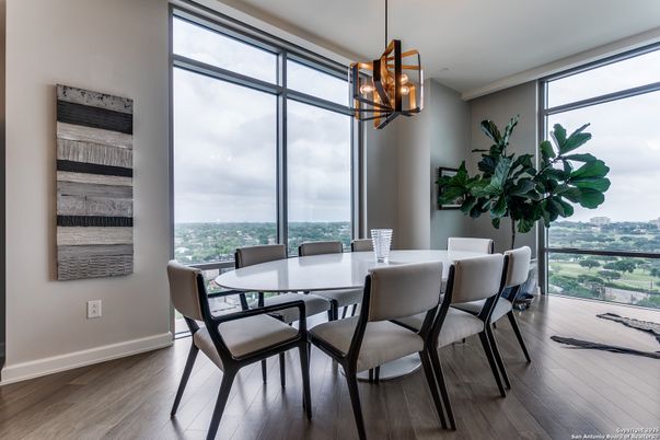 Dining room, Interior, Pendant Lights, Wood Texture Flooring