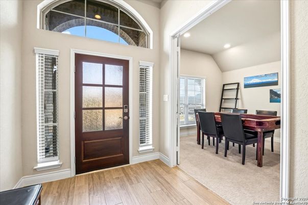 Dining room, Interior, Recessed Lighting, Wood Texture Flooring