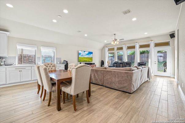 Dining room, Interior, Living room, Recessed Lighting, Wood Texture Flooring