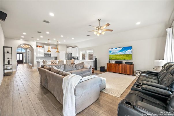 Home Theatre Room, Interior, Kitchen, Living room, Pendant Lights, Recessed Lighting, Stainless Steel Appliances, Wood Texture Flooring