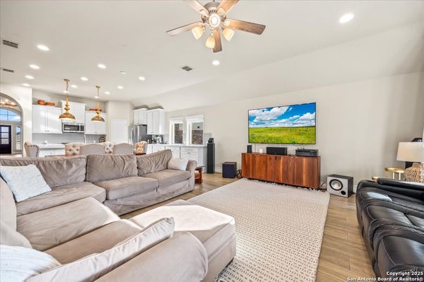 Interior, Kitchen, Living room, Pendant Lights, Recessed Lighting, Stainless Steel Appliances, Wood Texture Flooring