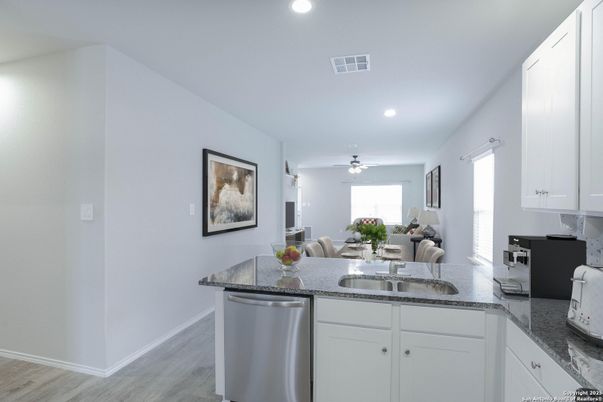 Dining room, Interior, Kitchen, Living room, Recessed Lighting, Wood Texture Flooring