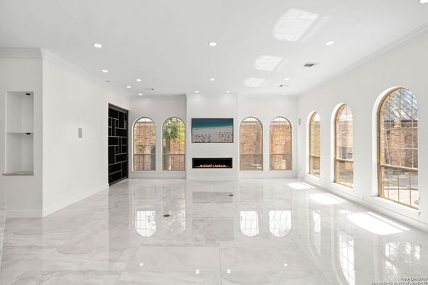 Empty room, Fireplace, Interior, Marble, Recessed Lighting
